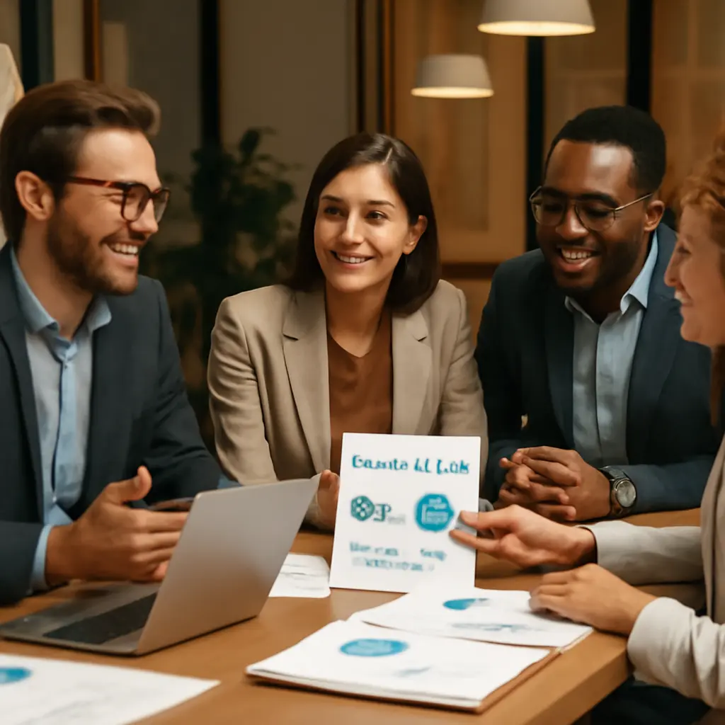 Команда за столом обсуждает внедрение единого центра бизнес-услуг