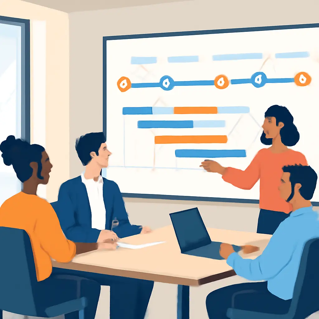 Команда обсуждает план запуска единого центра бизнес-услуг на совещании