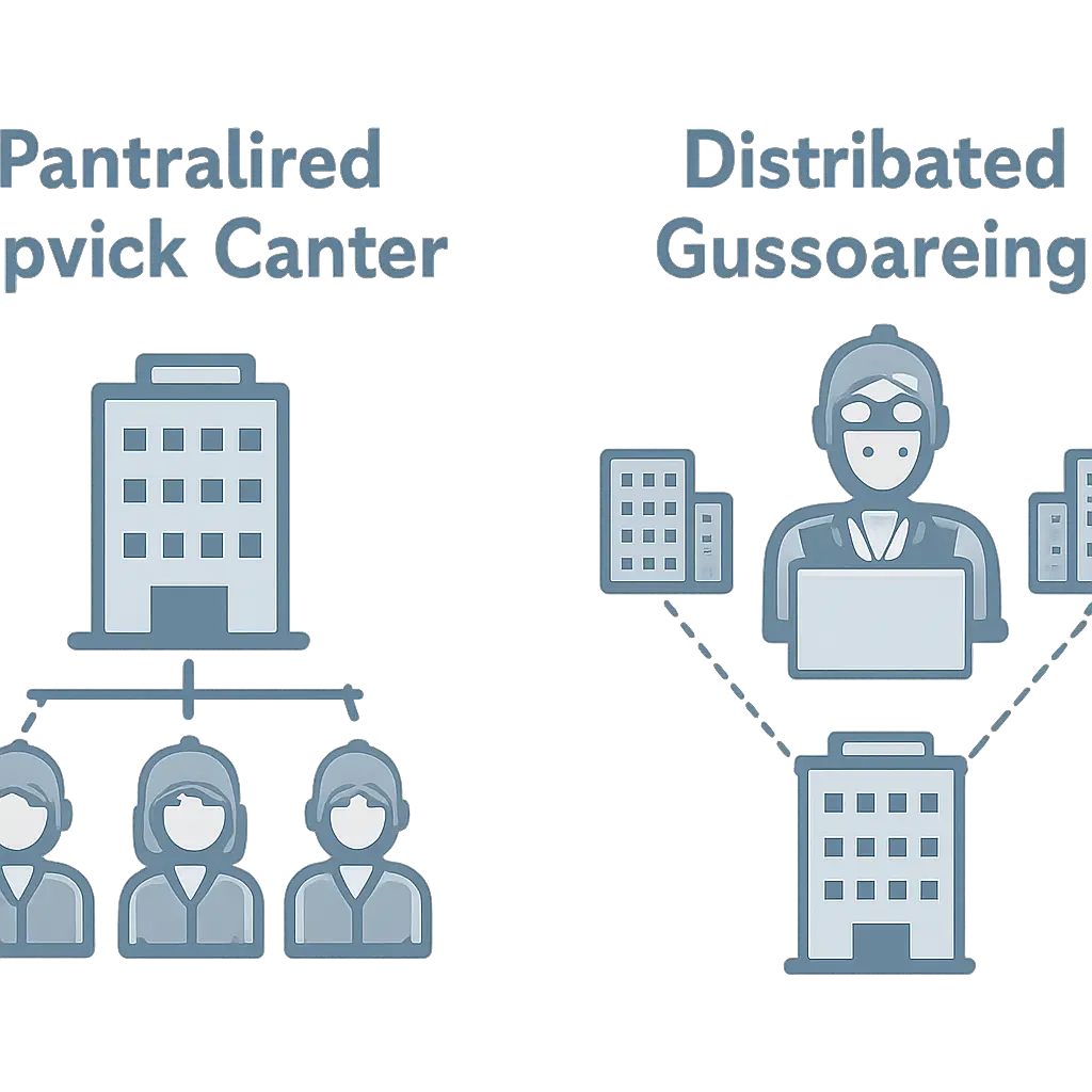 Сравнение моделей обслуживания Иллюстрация сравнения единого центра бизнес-услуг и распределённого аутсорсинга